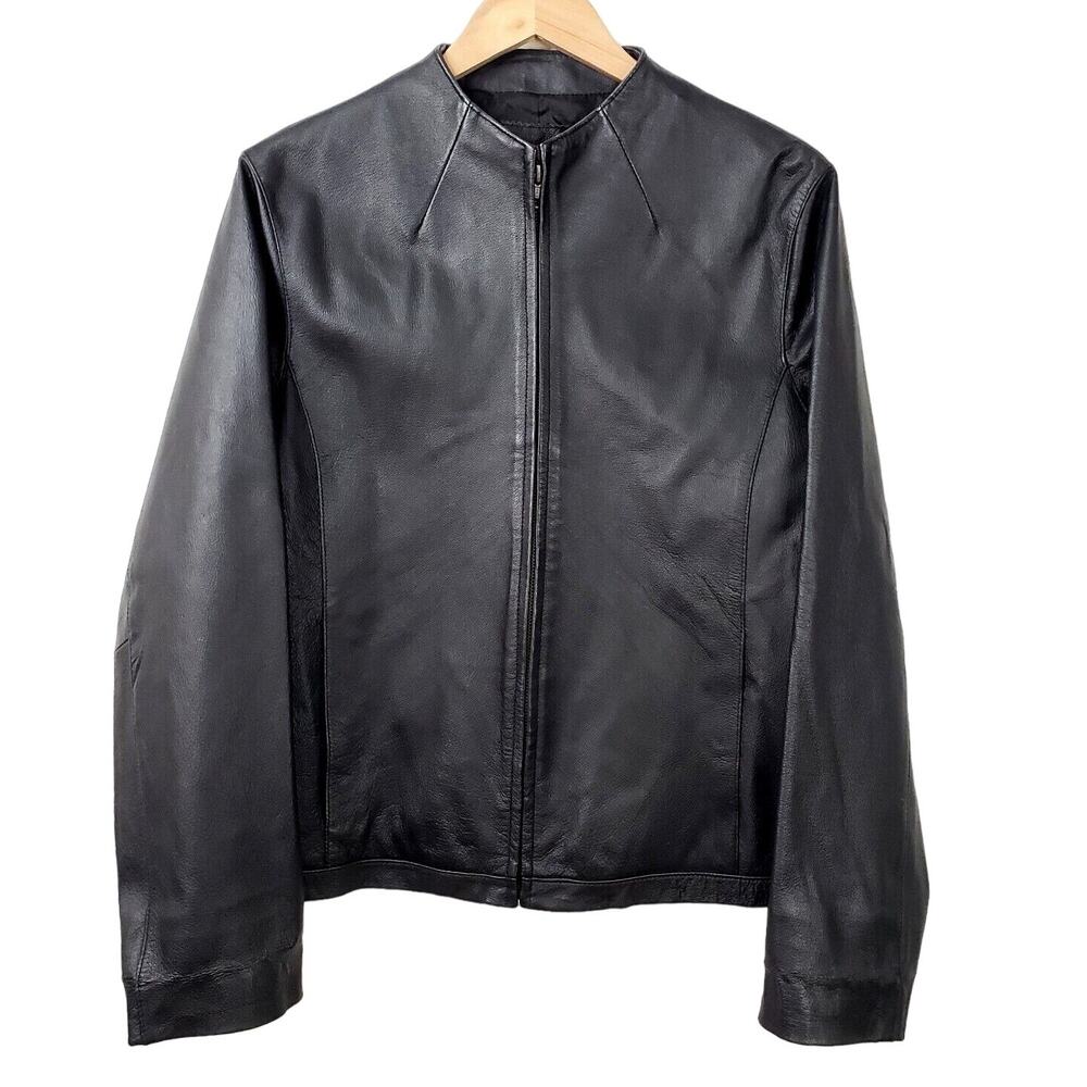 Y2K Black Leather Racing Women Jacket 12 L Modern Sleek Minimalist Classic